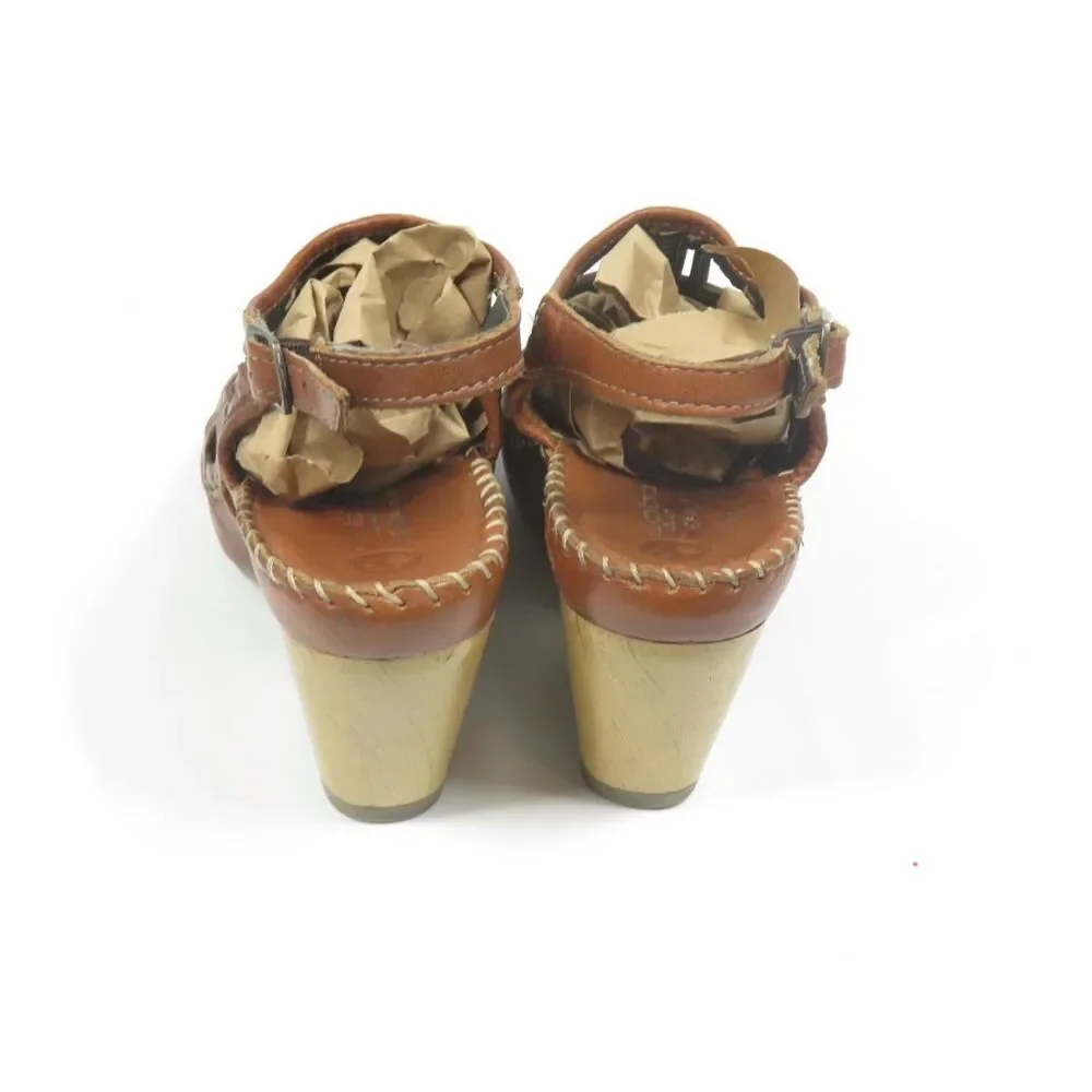 Lobo Solo Slingback Cage Sandals Brown Leather Chunky Wood Heel Brown Size 5